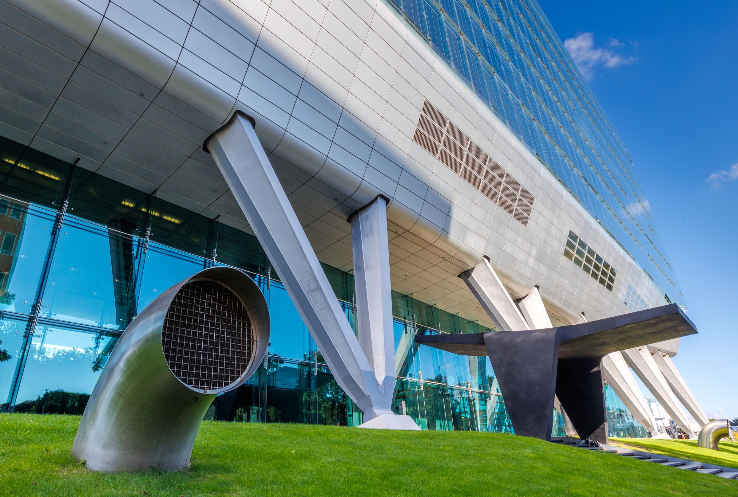 Glass office towers in a Dutch business district on a clear day